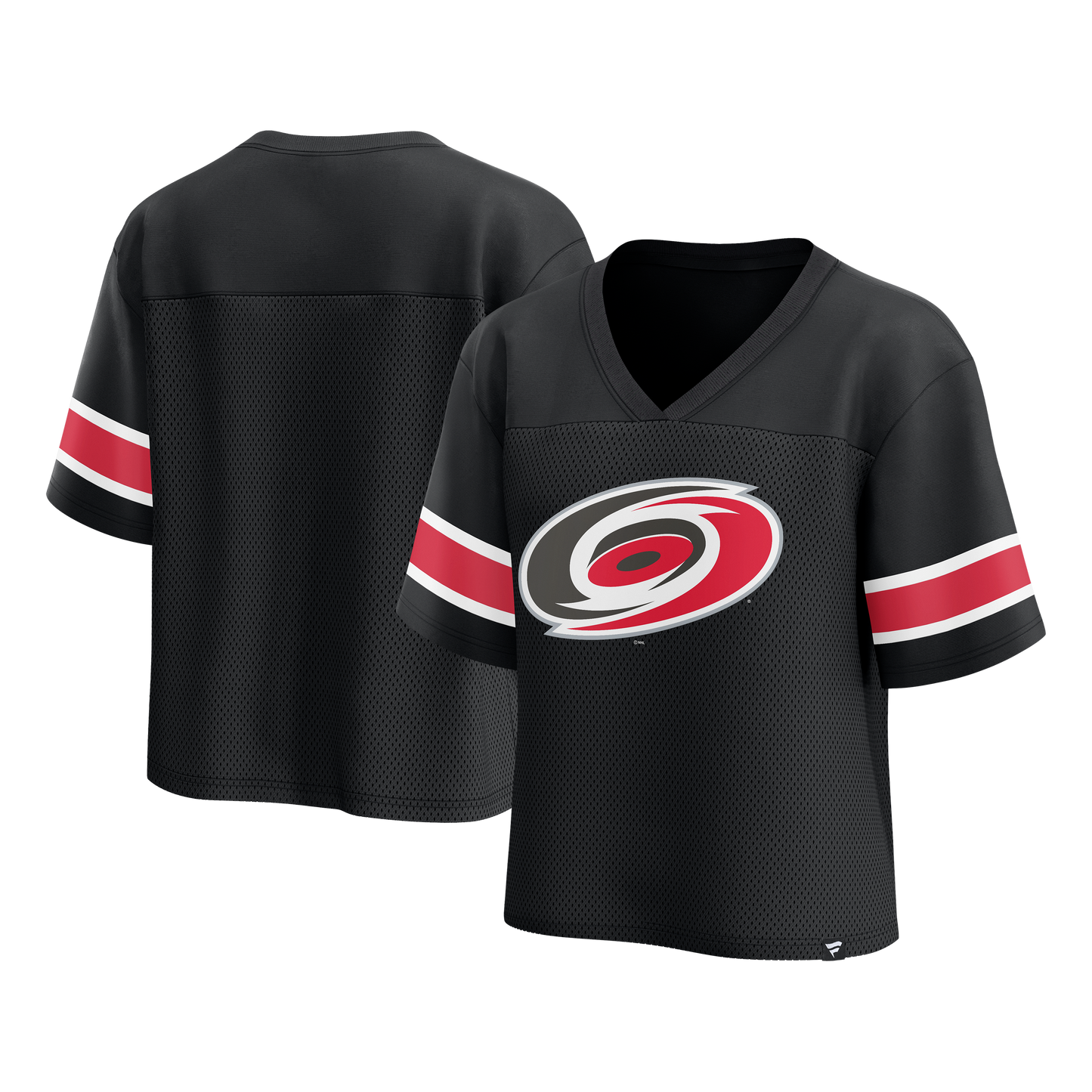 Front & Back: Mesh black top with red and white stripes on sleeves, Primary logo on front