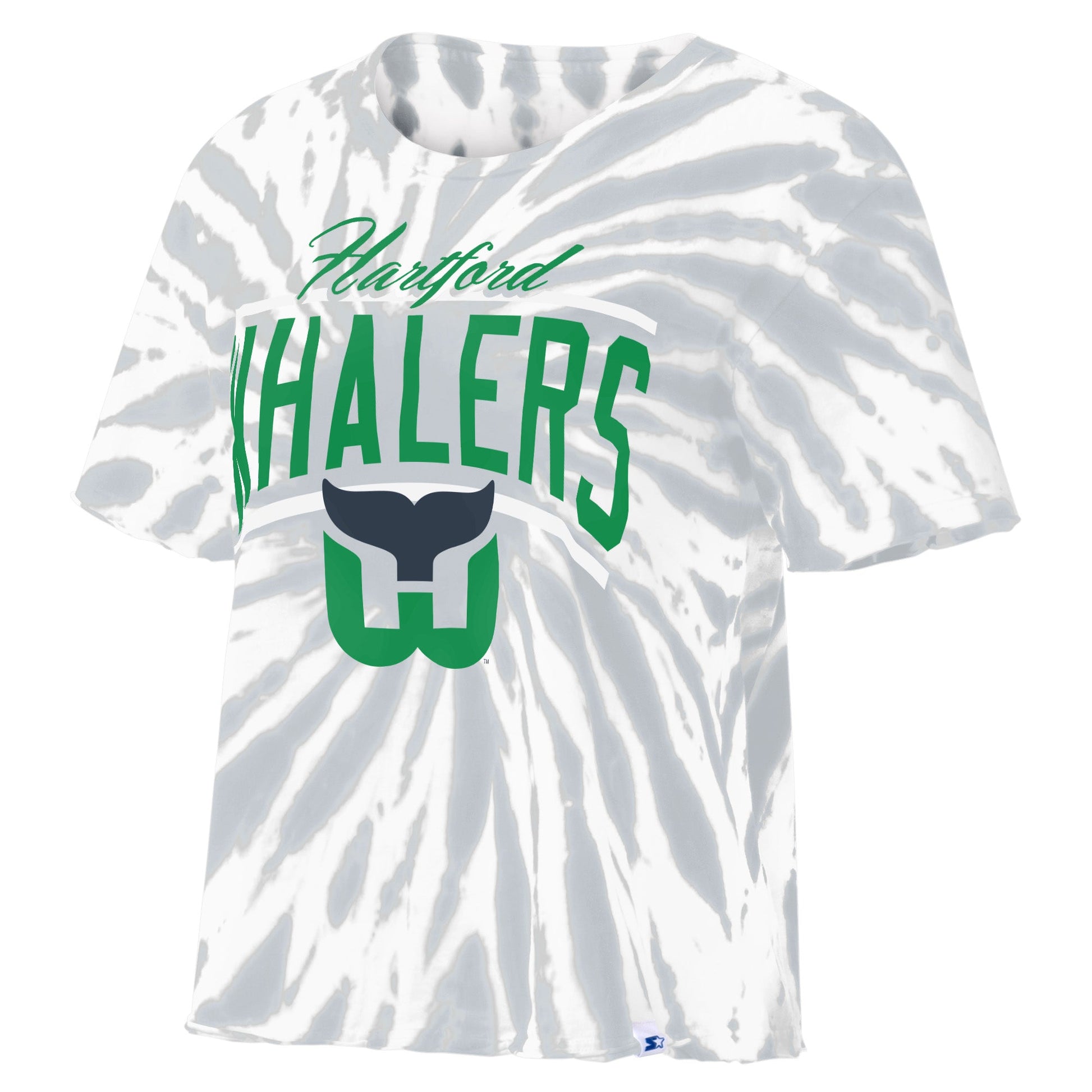 White and gray tie-dye tee that says Hartford Whalers in green with Whalers logo