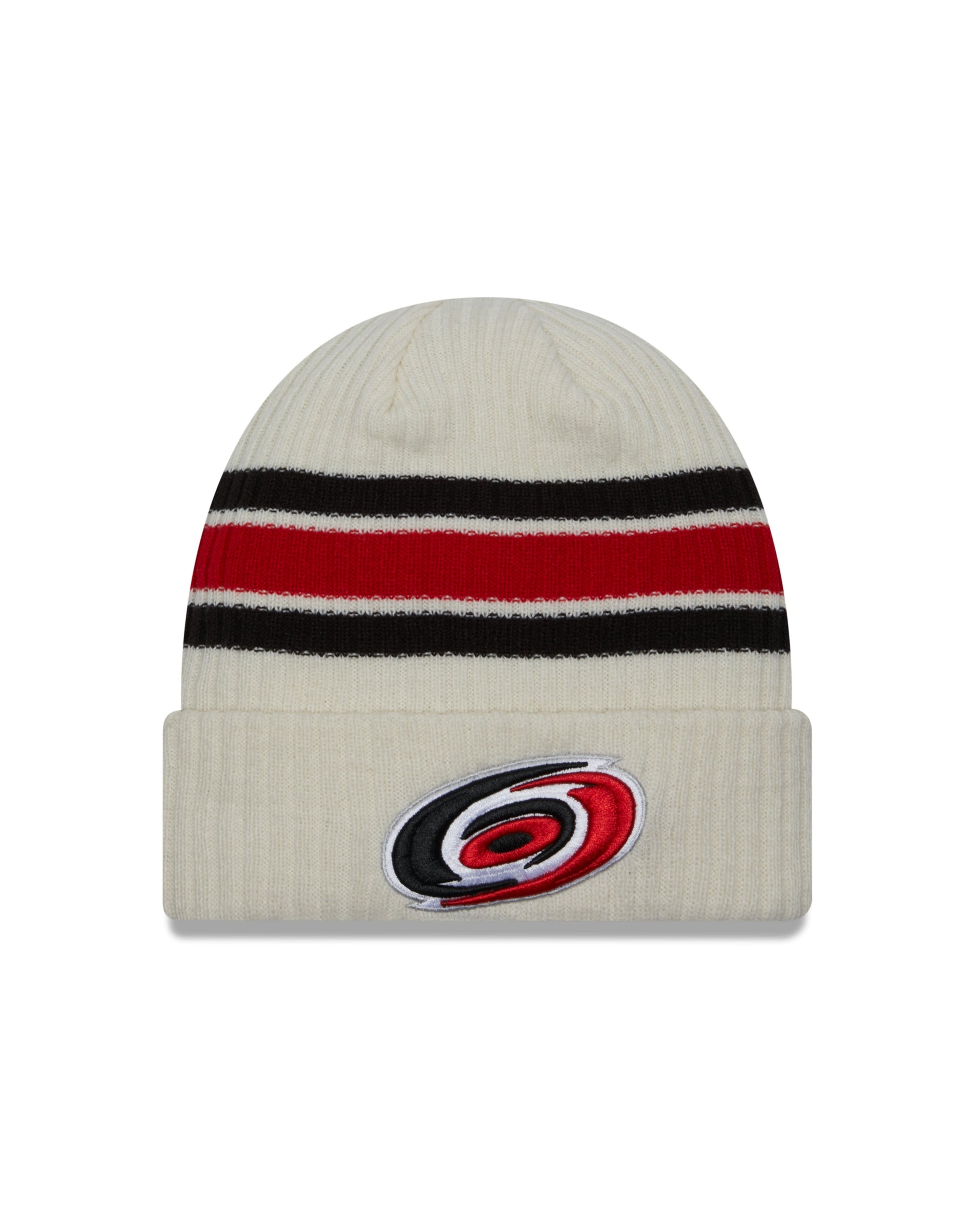 Front: Cream cuffed beanie with red and black striping, primary logo on cuff