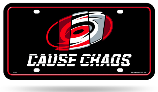 Black license plate with Hurricanes Cause Chaos-style logo and wordmark