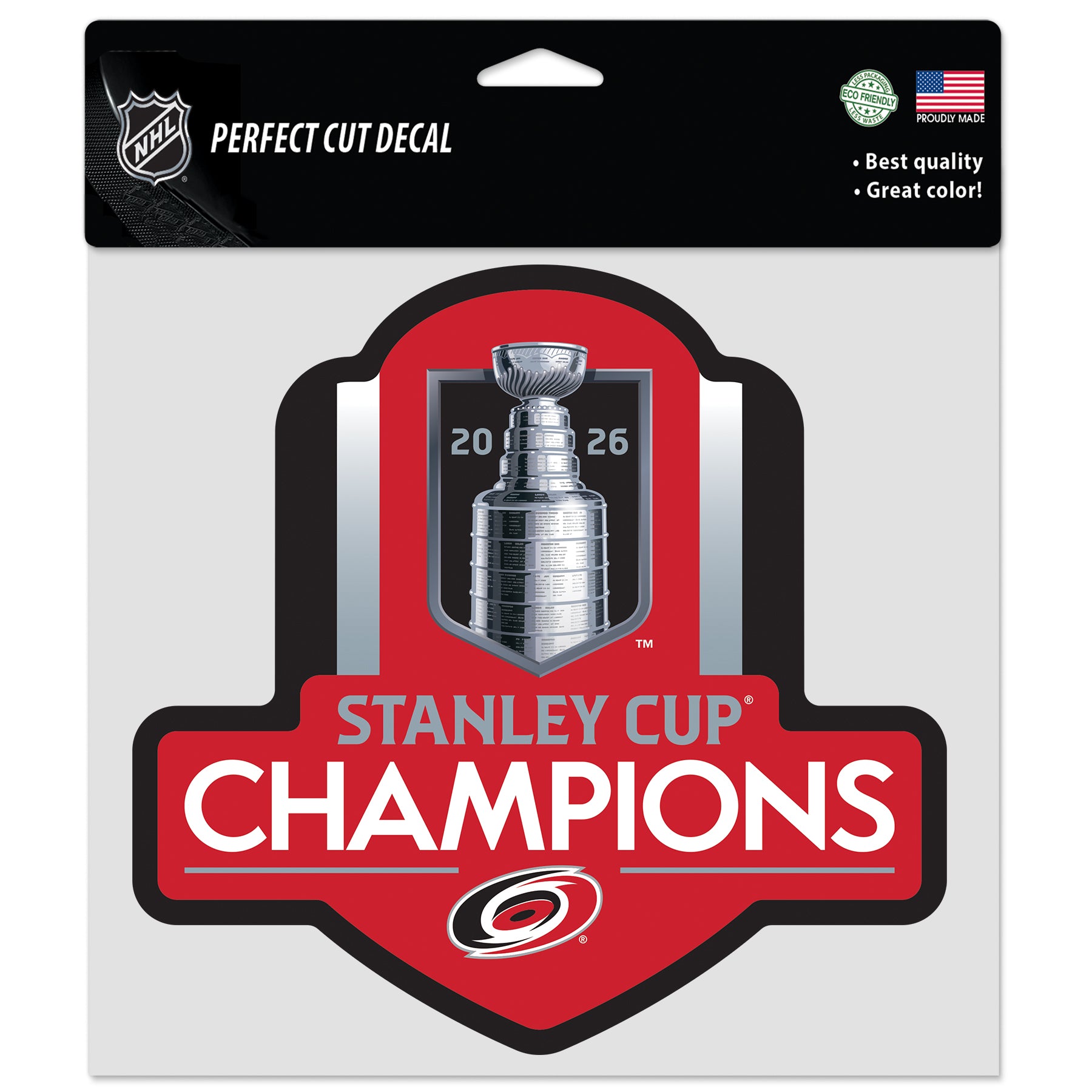 Red/silver/black decal with 2026 Stanley Cup Champions logo overtop of red