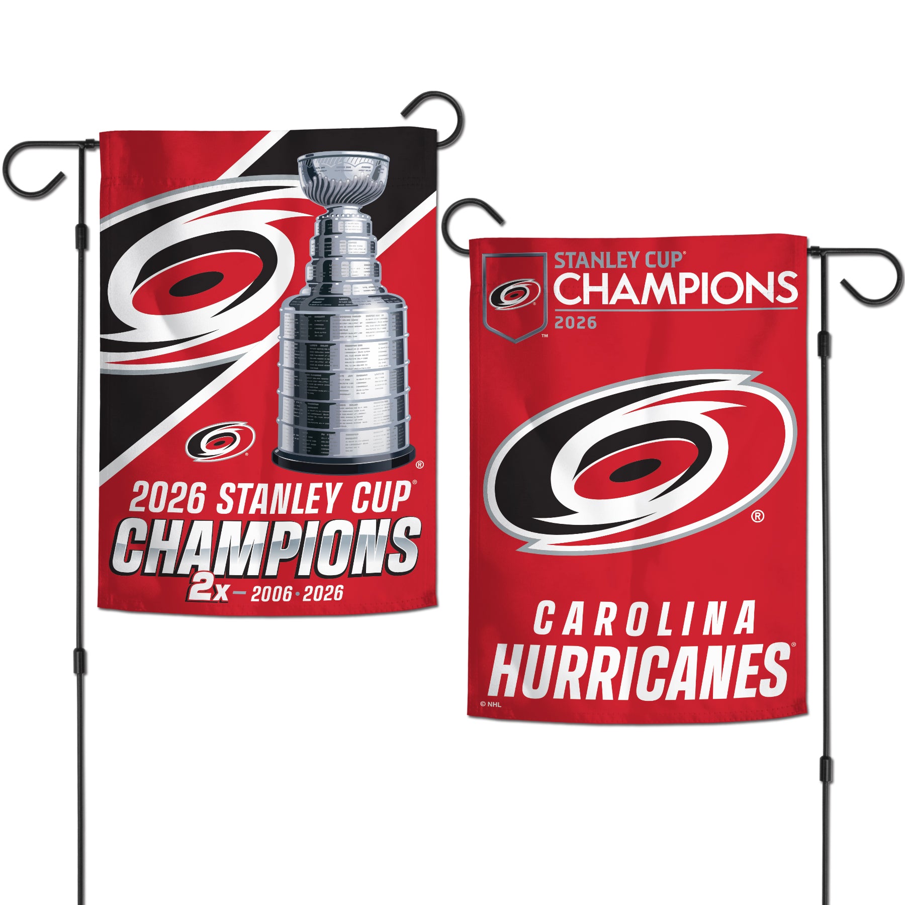 Double-sided, red/black flag, both sides with 2026 Stanley Cup Champions artwork