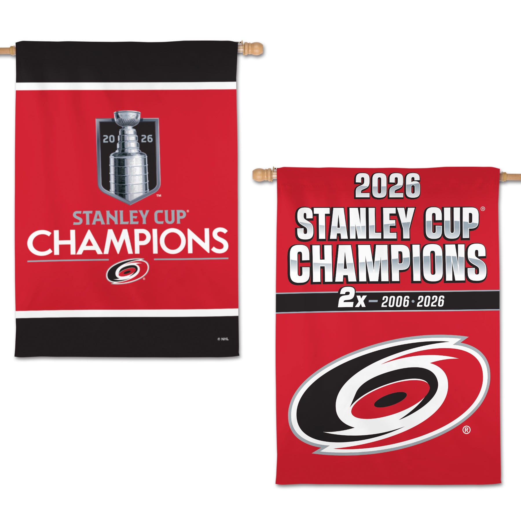 Double-sided red/black vertical flag, both sides with 2026 Stanley Cup Champions art