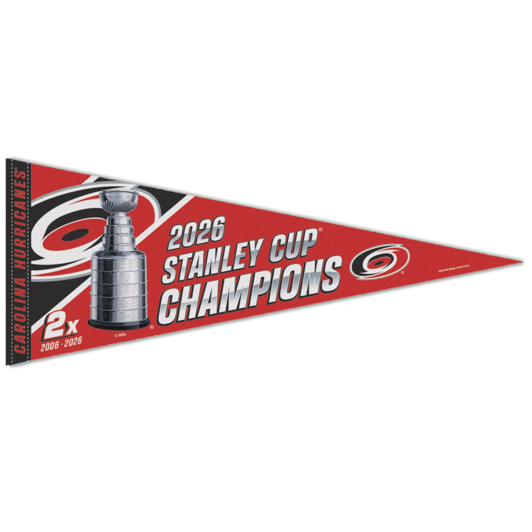 Red/black pennant, "2026 Stanley Cup Champions" in gray with Primary logo, Stanley Cup to left of wording, "2x" below logo