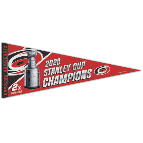 Red/black pennant, "2026 Stanley Cup Champions" in gray with Primary logo, Stanley Cup to left of wording, "2x" below logo