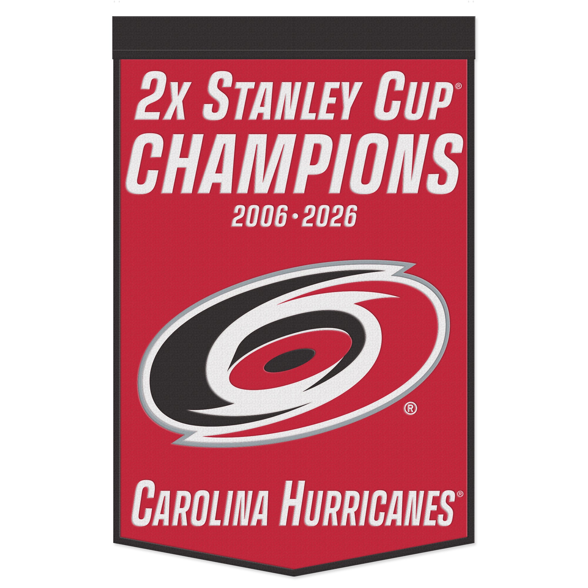 Red/black wool banner, "2x Stanley Cup Champions 2006 2026 Carolina Hurricanes" in white with Primary logo