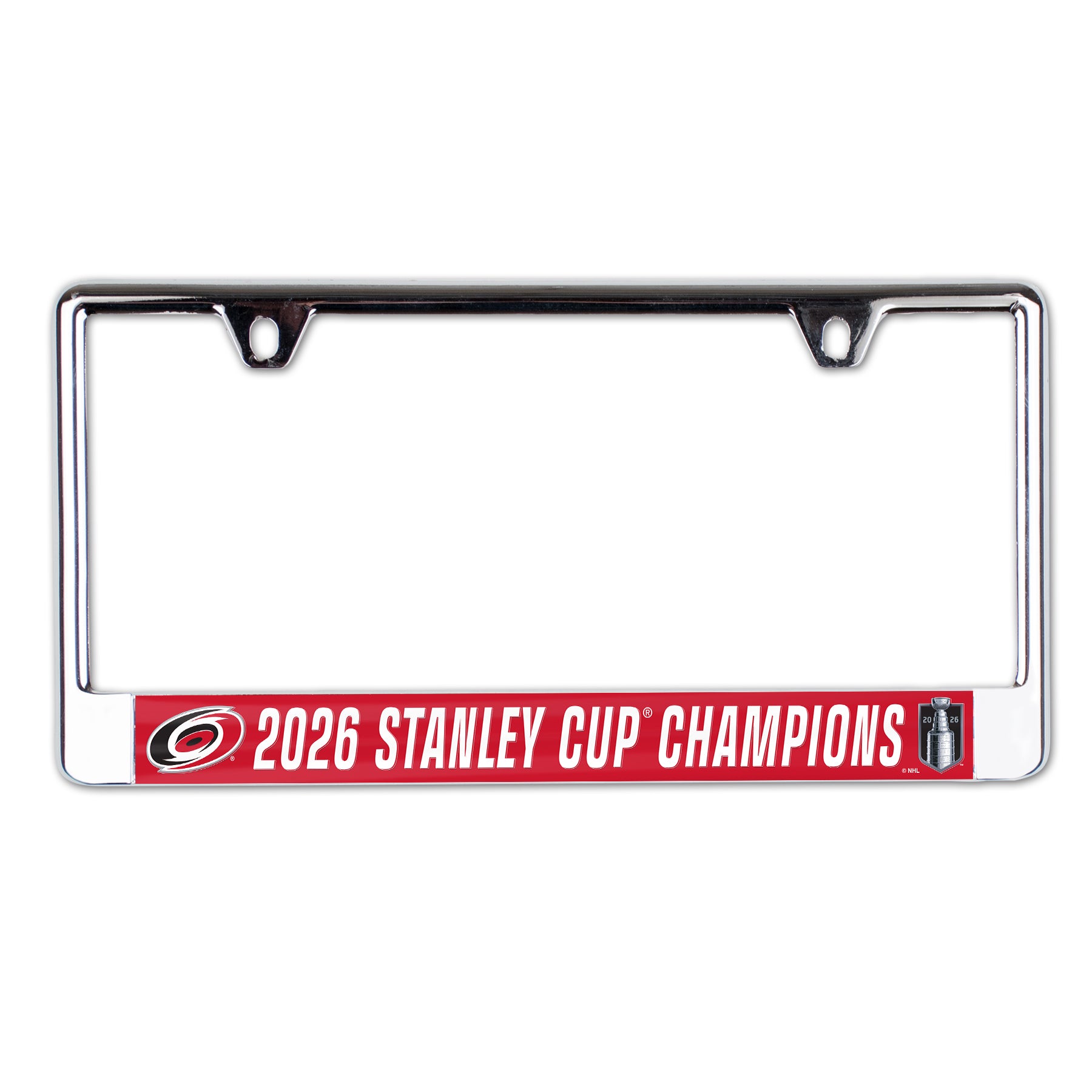 Metal plate frame, "2026 Stanley Cup Champions" in white at bottom on red background