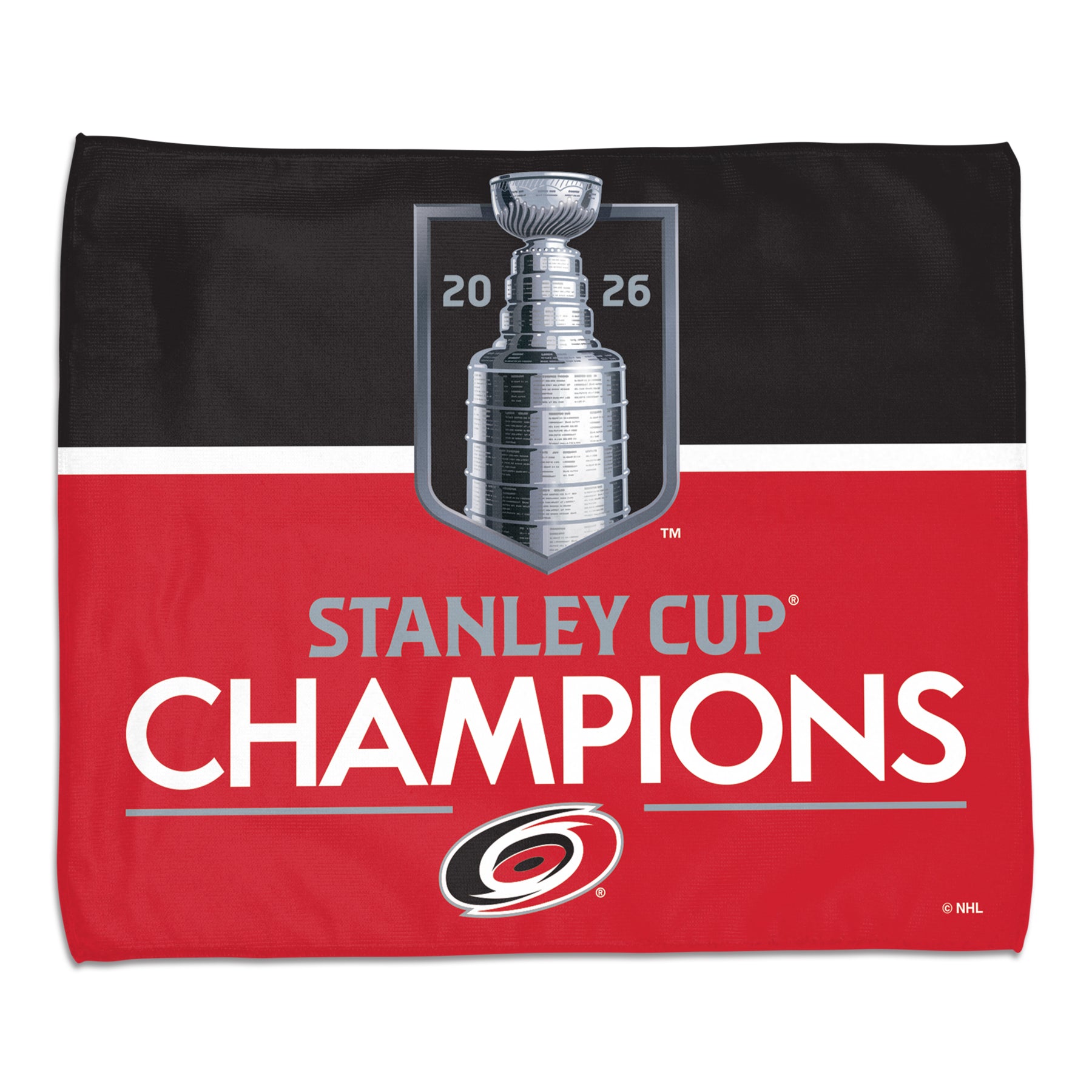 Black/red rally towel with white stripe through middle, "2026 Stanley Cup Champions" logo across front