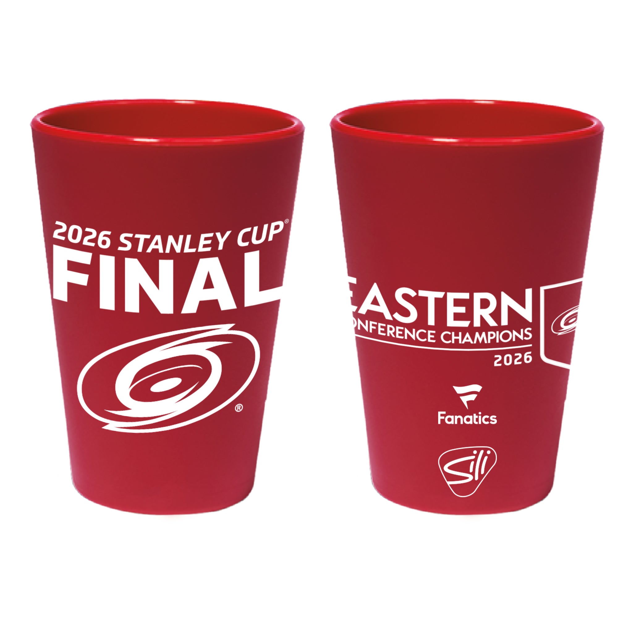 Red silicone shot glass; white art of Primary logo, "2026 Stanley Cup Final" & Eastern Conference Champions