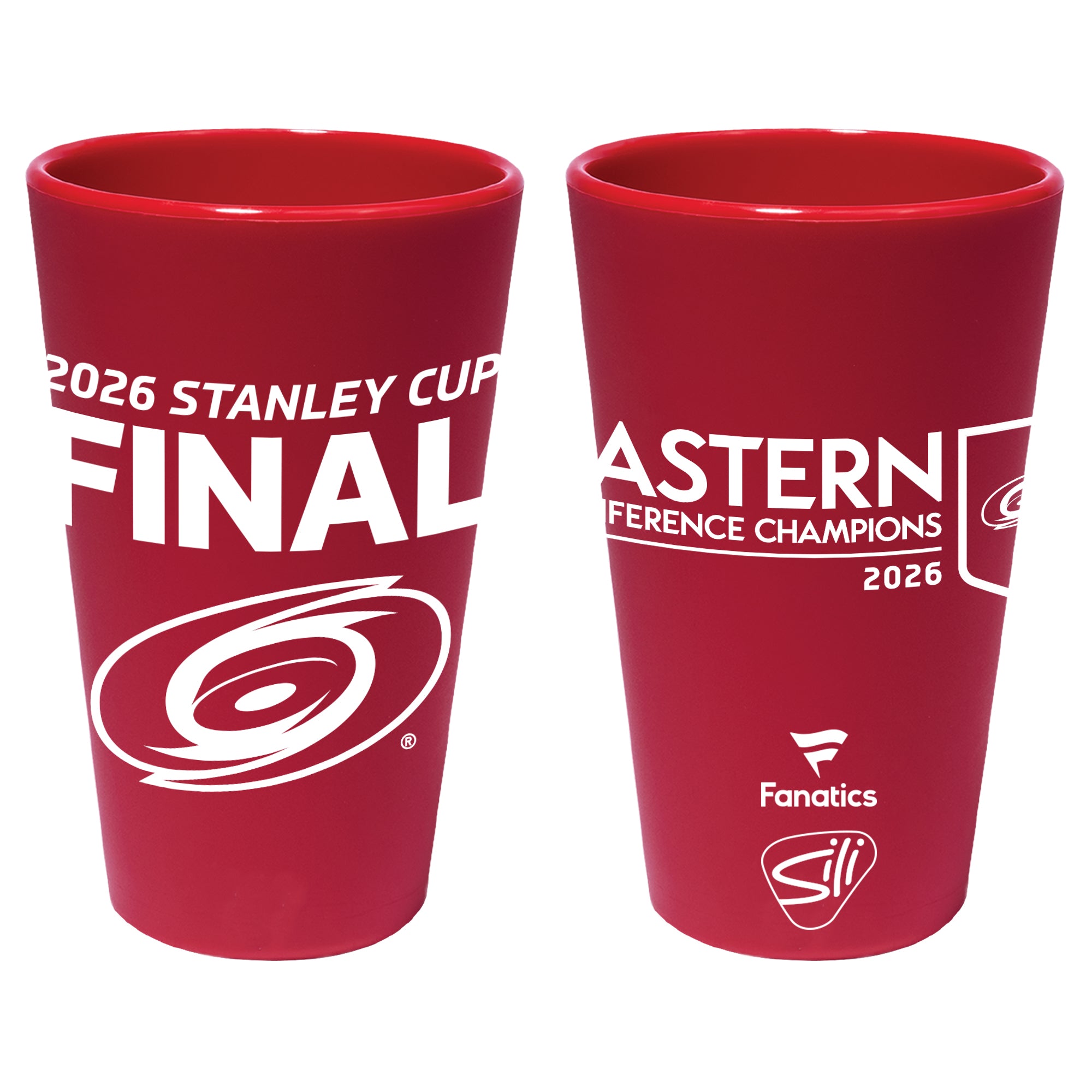 Red silicone pint glass; white art of Primary logo, "2026 Stanley Cup Final" & Eastern Conference Champions