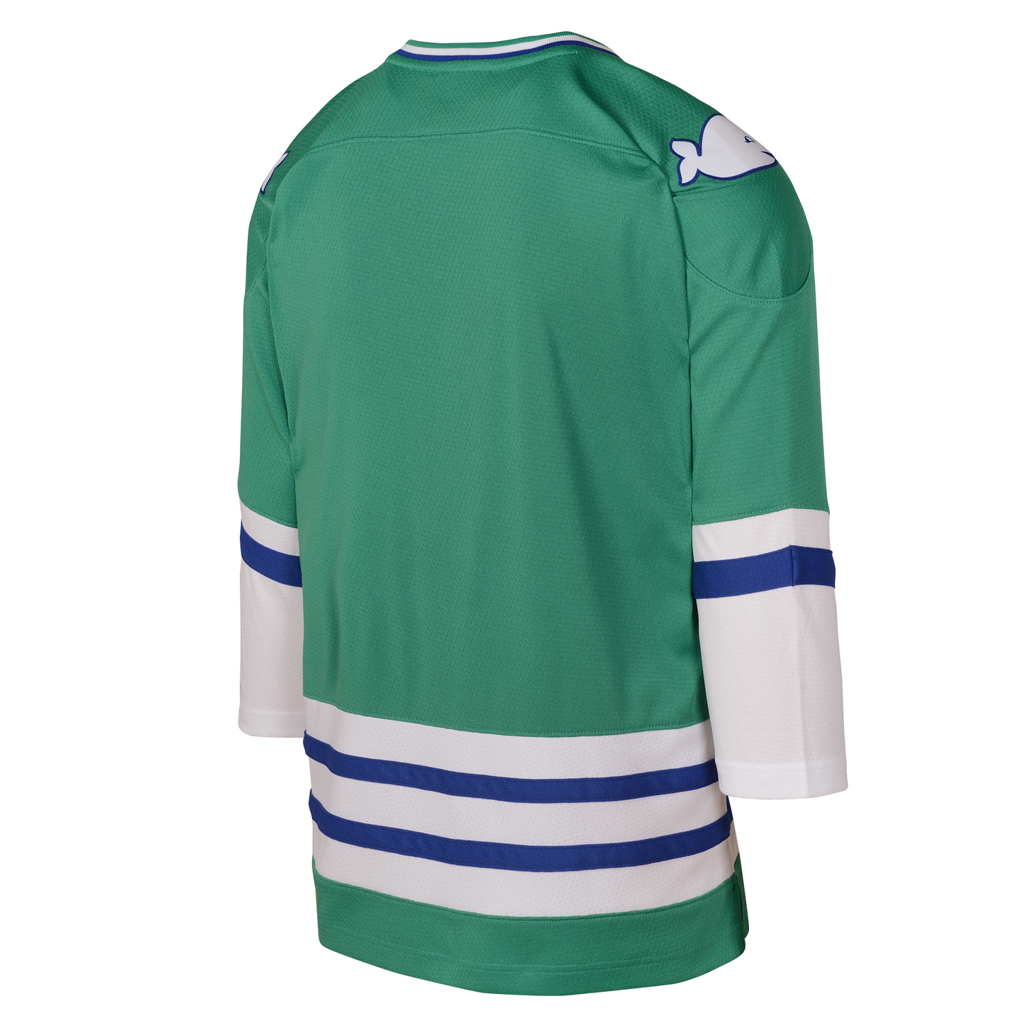 Back: Green jersey with white and blue striping, white Pucky logos on shoulders