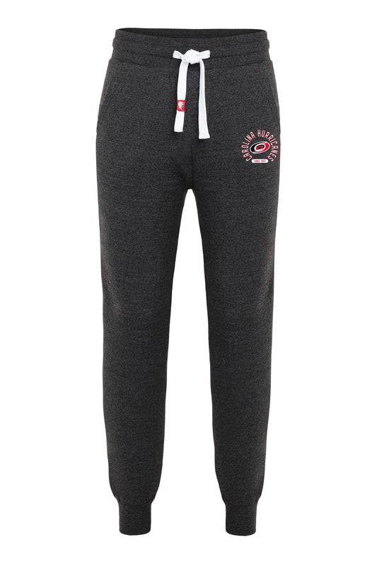 Black cuffed sweatpants with white strings, circular Hurricanes graphic on left pant