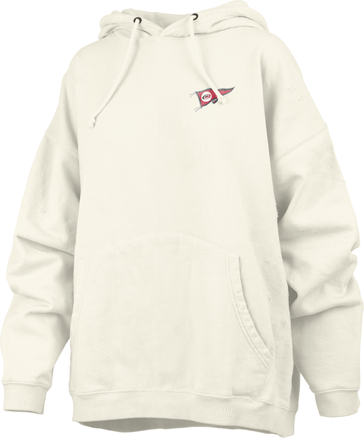 Front: Cream oversized hoodie with Hurricanes pennant graphic on left chest