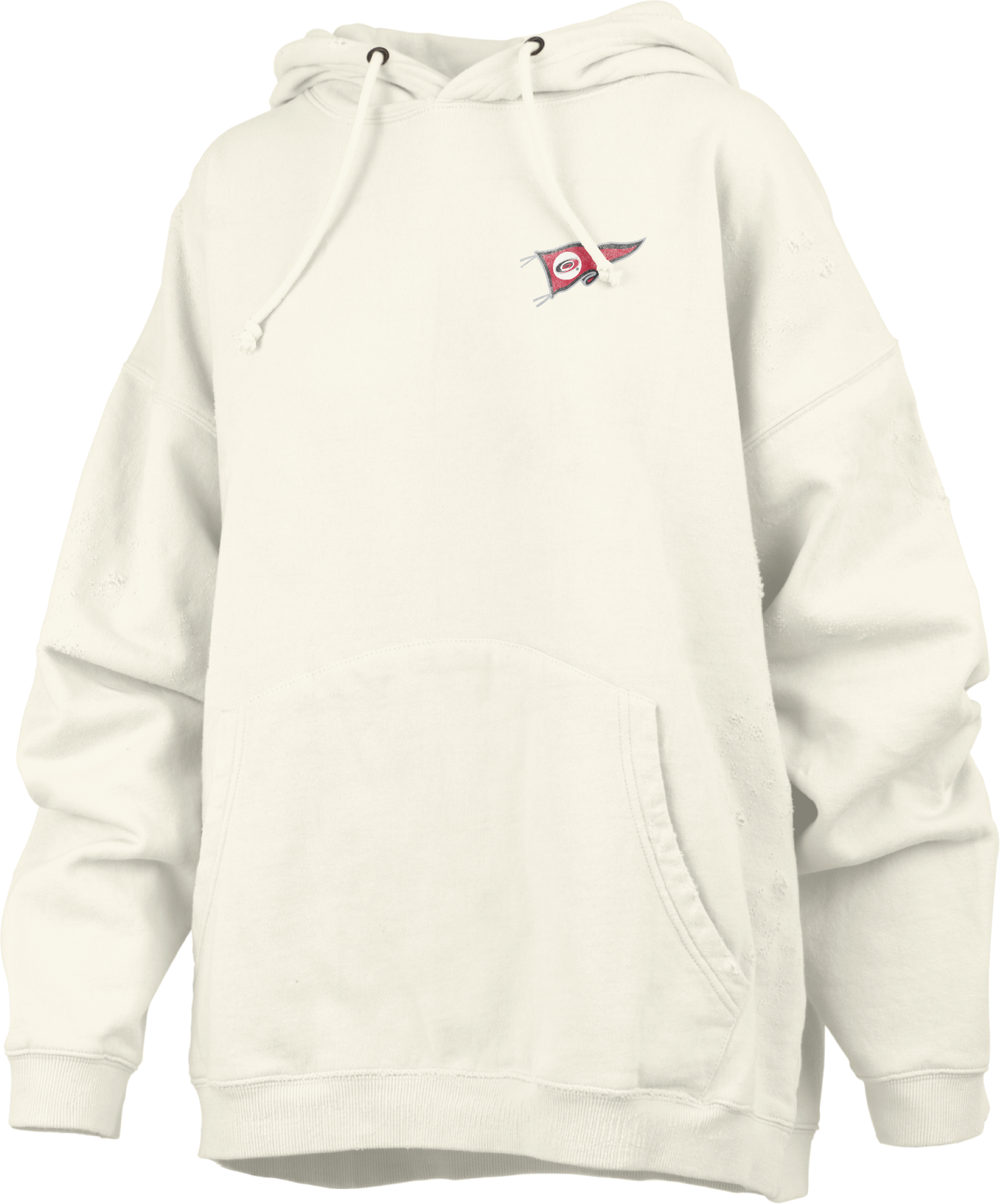 Front: Cream oversized hoodie with Hurricanes pennant graphic on left chest