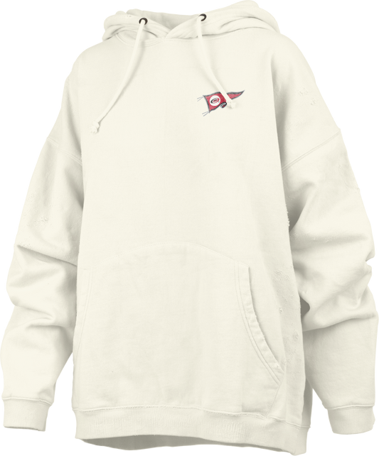 Front: Cream oversized hoodie with Hurricanes pennant graphic on left chest