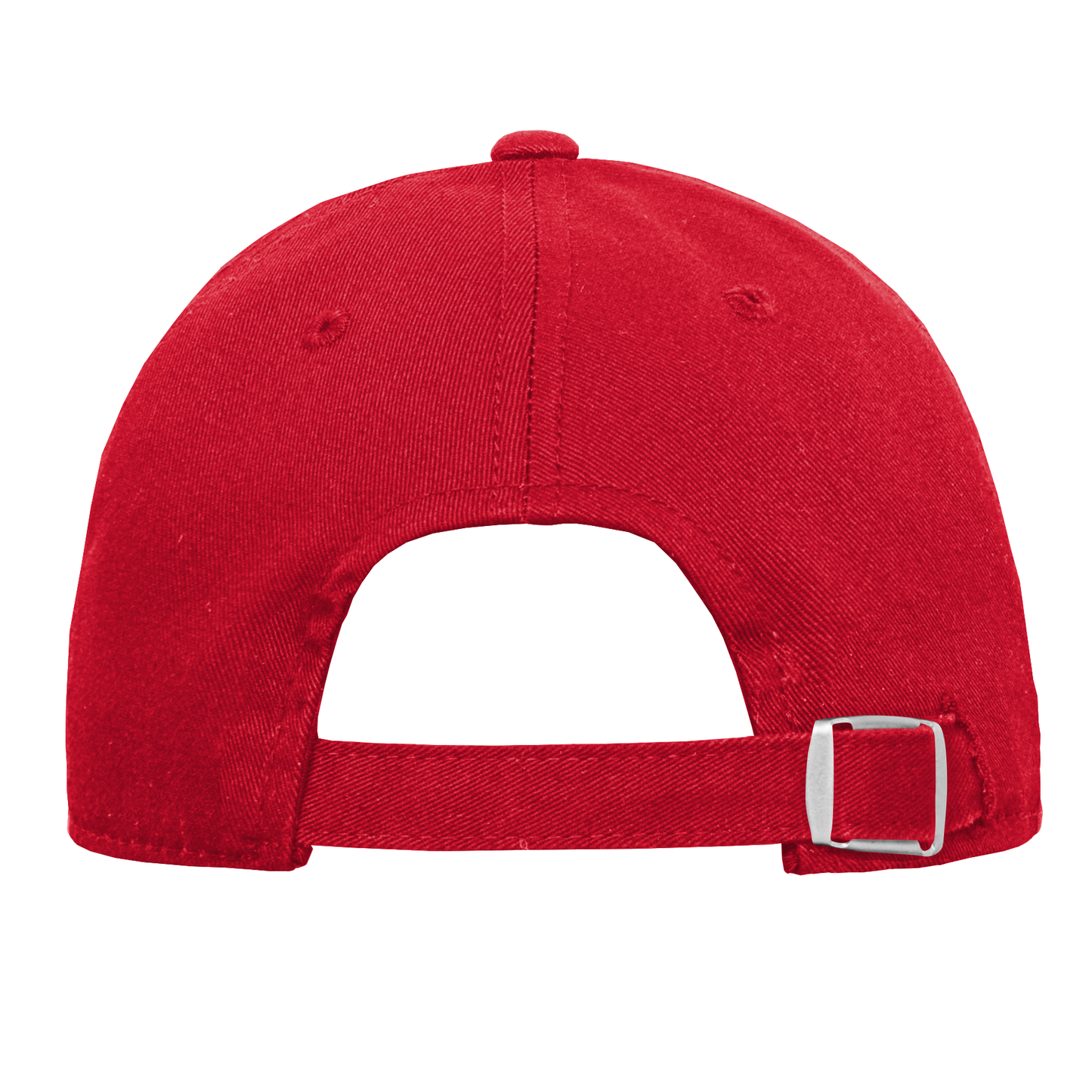 Back: Red hat with red strap and metal adjustable clasp