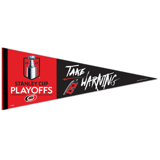 red and black pennant with 2022 Stanley Cup Playoffs logo and Take Warning wordmark