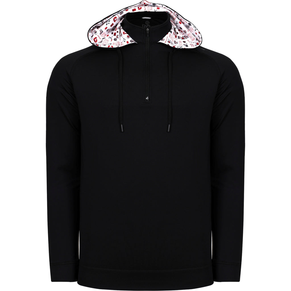 Front: Black half-zip hoodie, repeat road pattern in hood lining