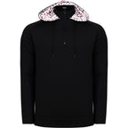 Front: Black half-zip hoodie, repeat road pattern in hood lining