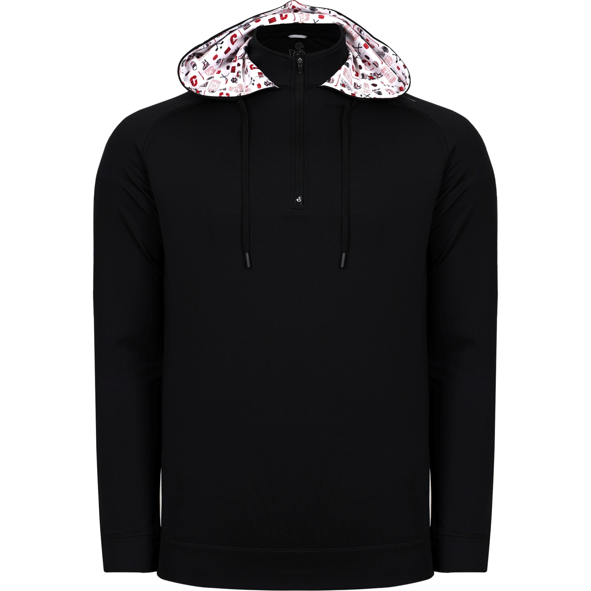 Front: Black half-zip hoodie, repeat road pattern in hood lining