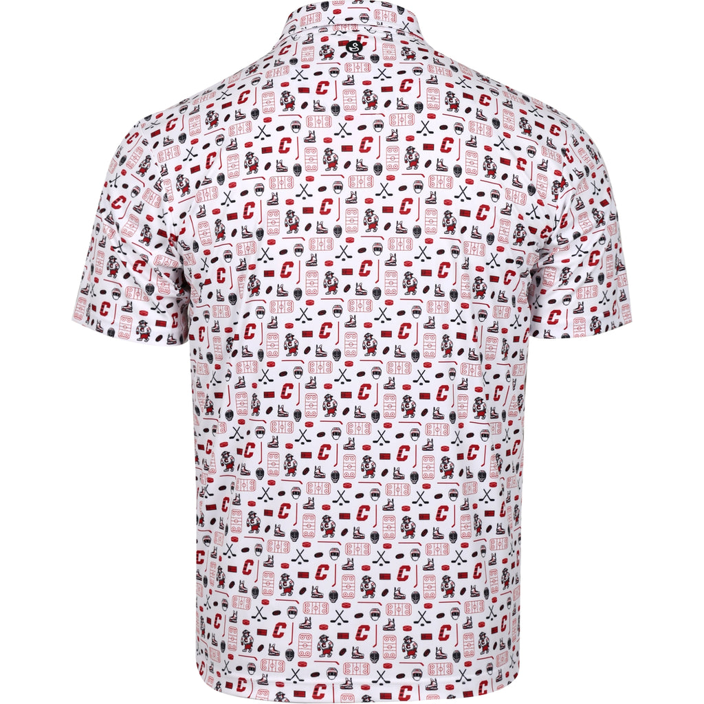 Back: White polo, repeating pattern of Hurricanes road logos and elements