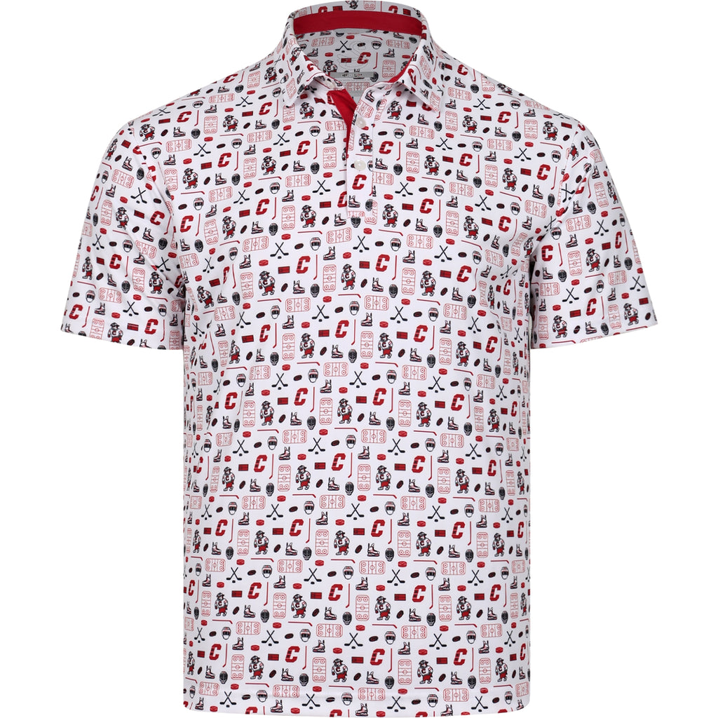 Front: White polo, repeating pattern of Hurricanes road logos and elements
