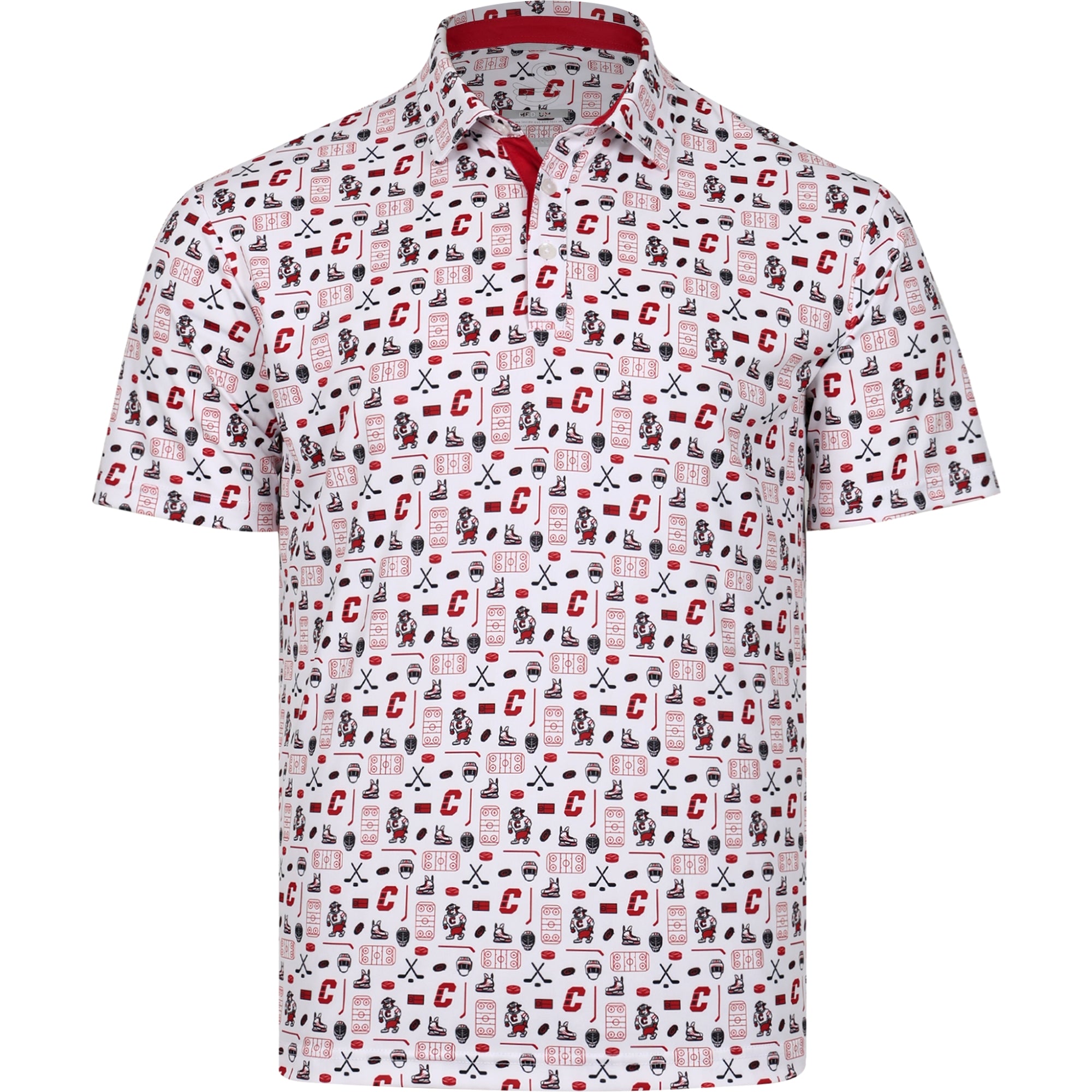 Front: White polo, repeating pattern of Hurricanes road logos and elements