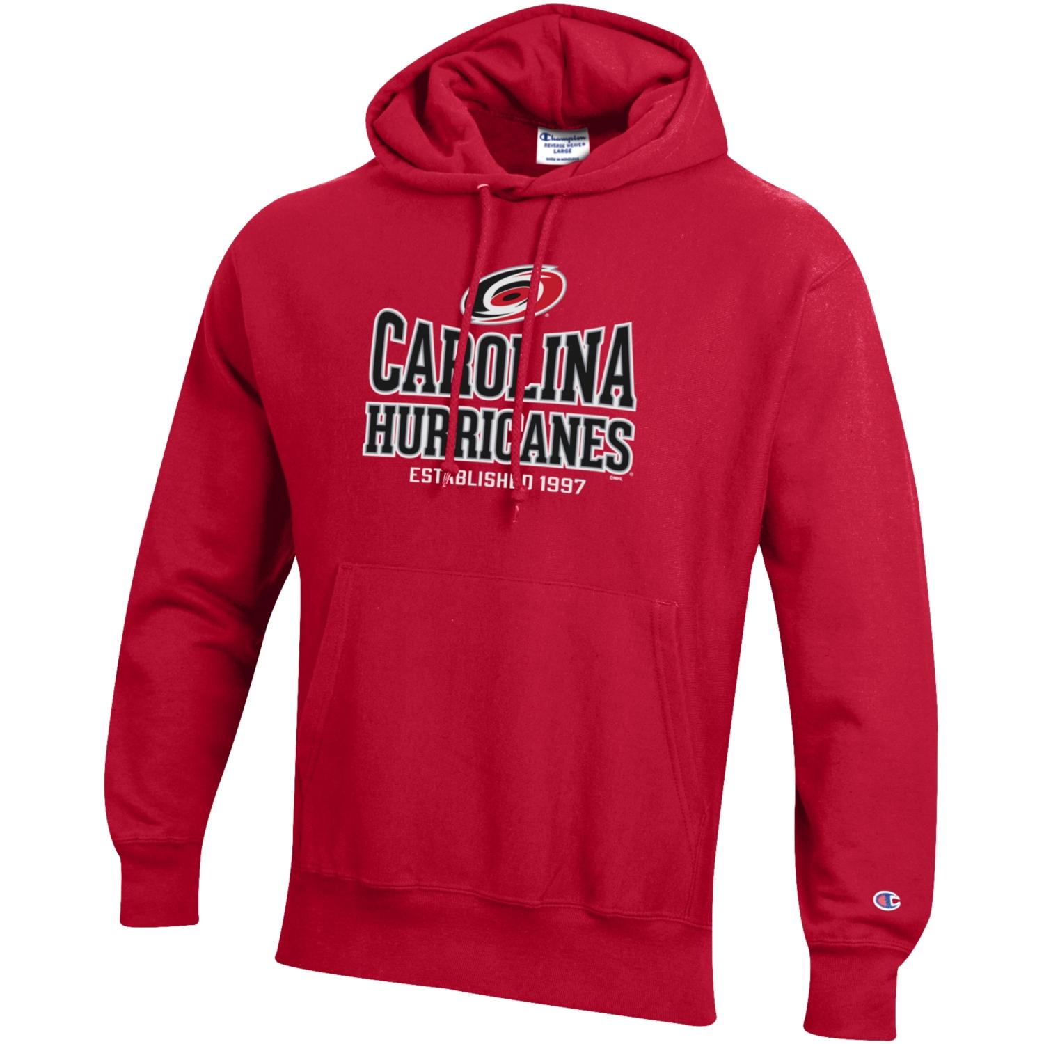 Red hoodie that says Carolina Hurricanes Established 1997 in black and white on front