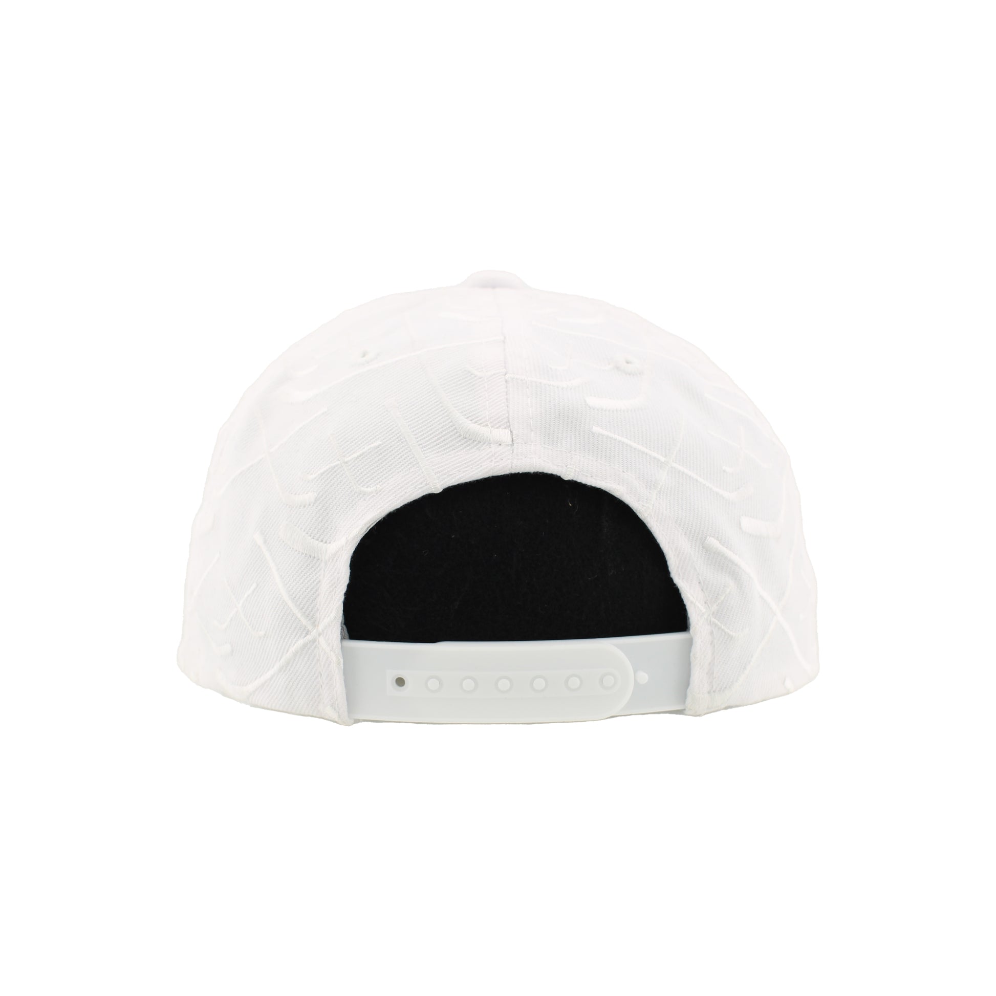 Back: White hat with 3D hockey pattern, white snapback straps