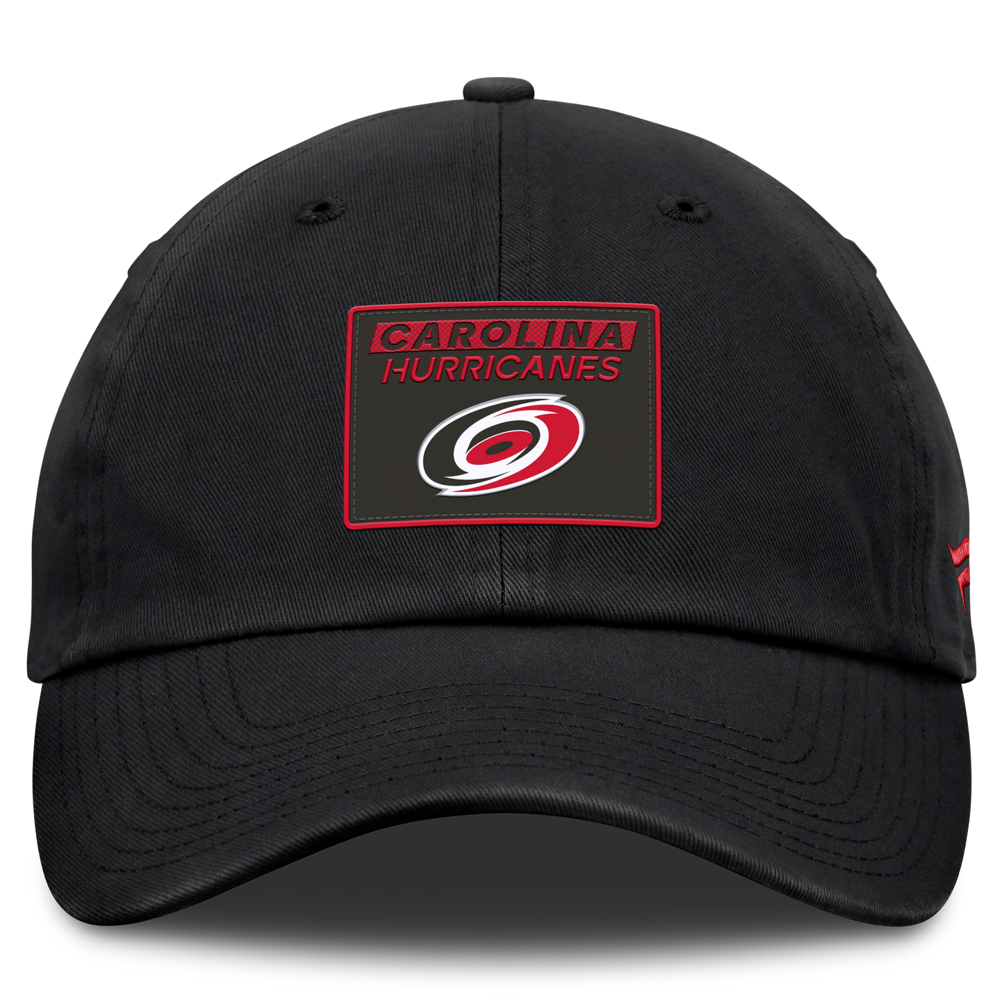 Front: Black hat with red and black patch on front with Carolina Hurricanes graphic