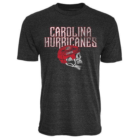 black tee that says Carolina Hurricanes in white and red with skull wearing Hurricanes hockey helmet