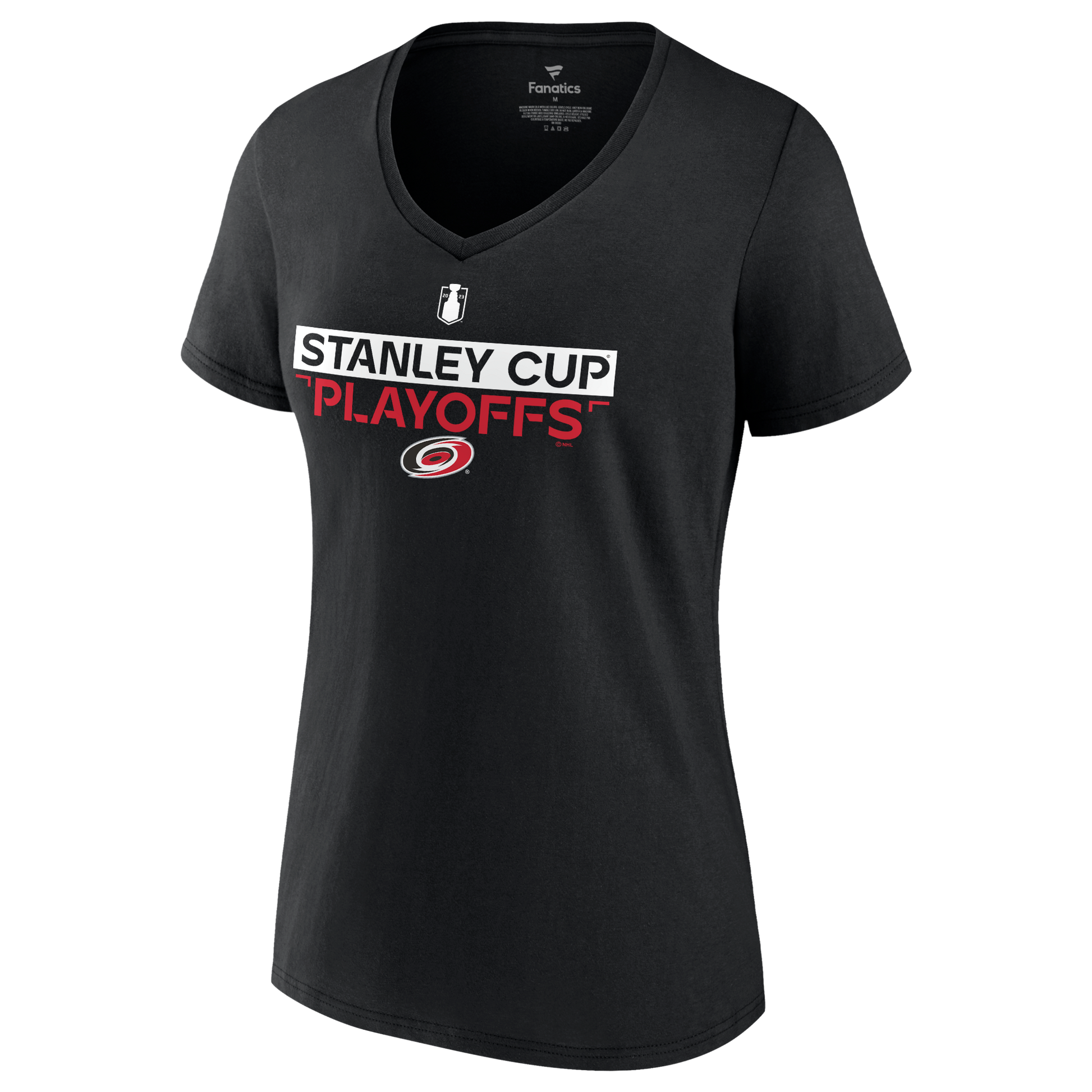 black v neck tee with 2023 Stanley Cup Playoffs logo on front with Hurricanes primary logo