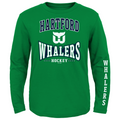 Green longsleeve with Hartford Whalers Hockey graphic on front, Whalers written vertically on left sleeve