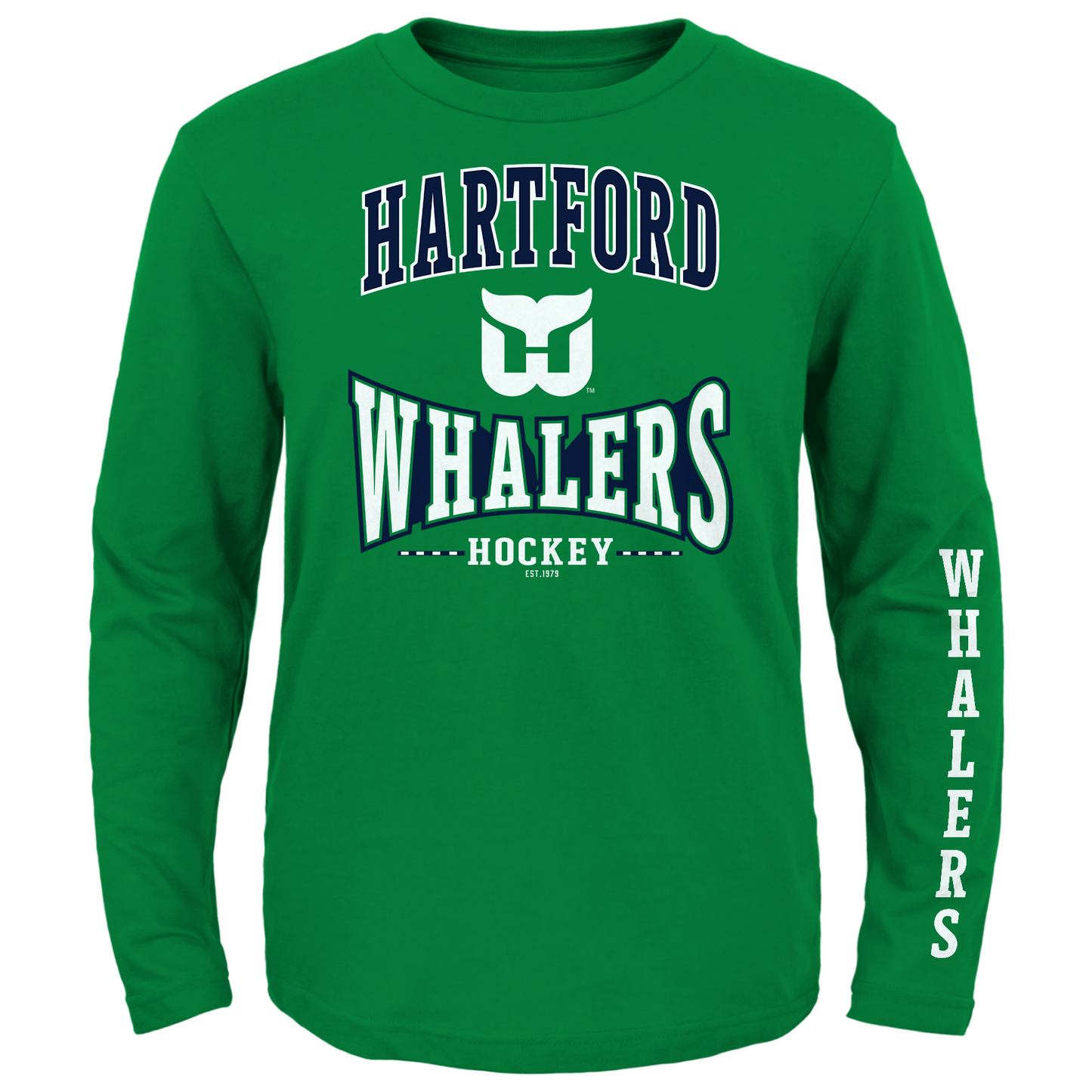 Green longsleeve with Hartford Whalers Hockey graphic on front, Whalers written vertically on left sleeve