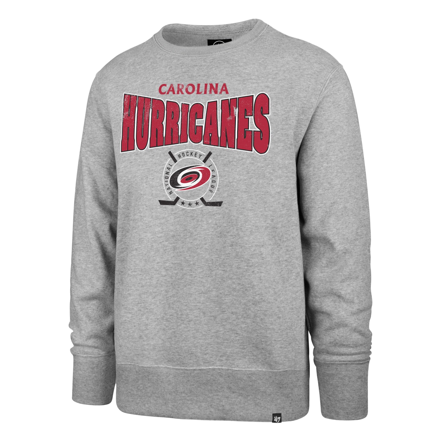 Front: Gray sweater with front graphic that says Carolina Hurricanes in red with primary logo graphic