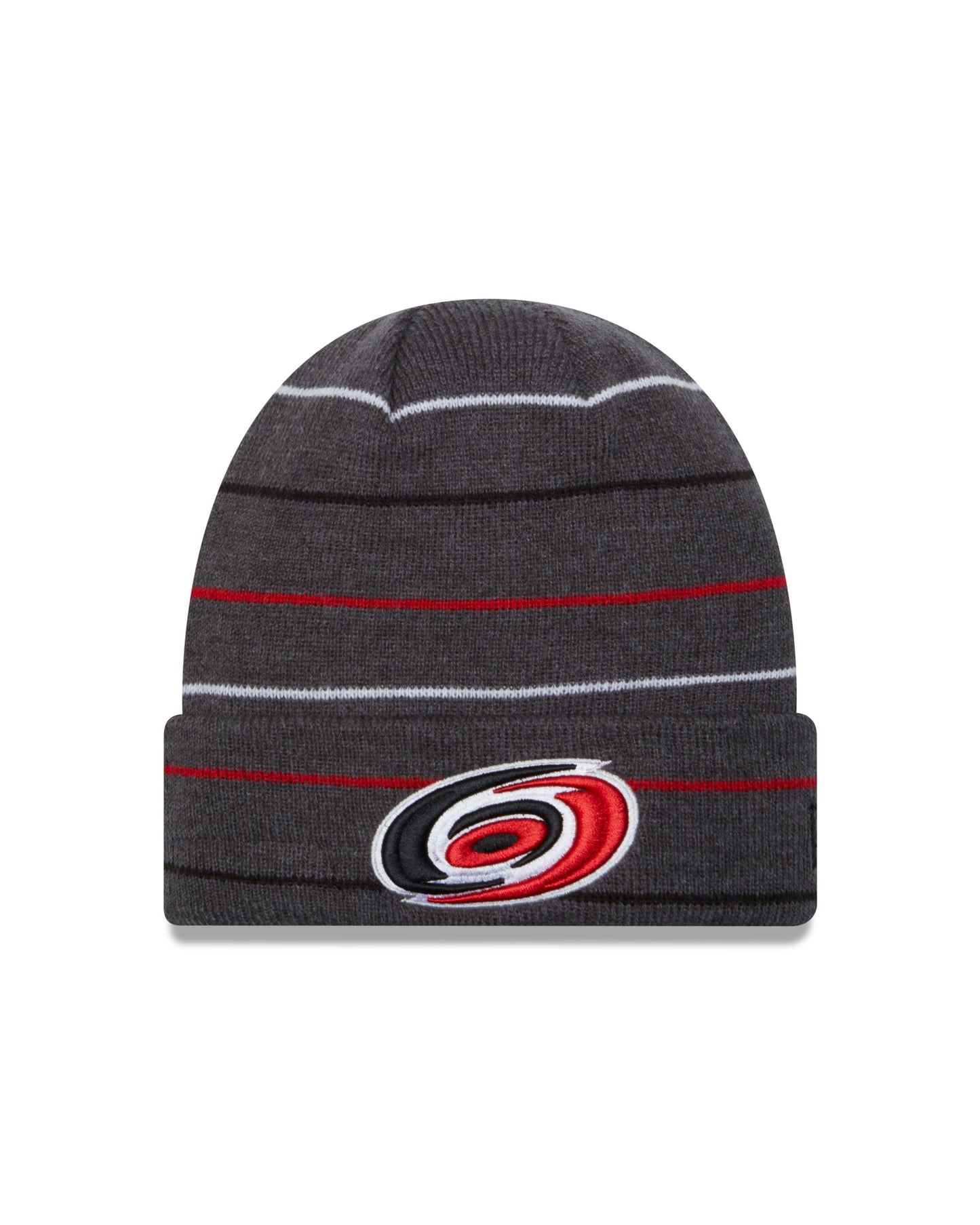 Front: Gray cuffed beanie with red white and black stripes, primary logo on cuff