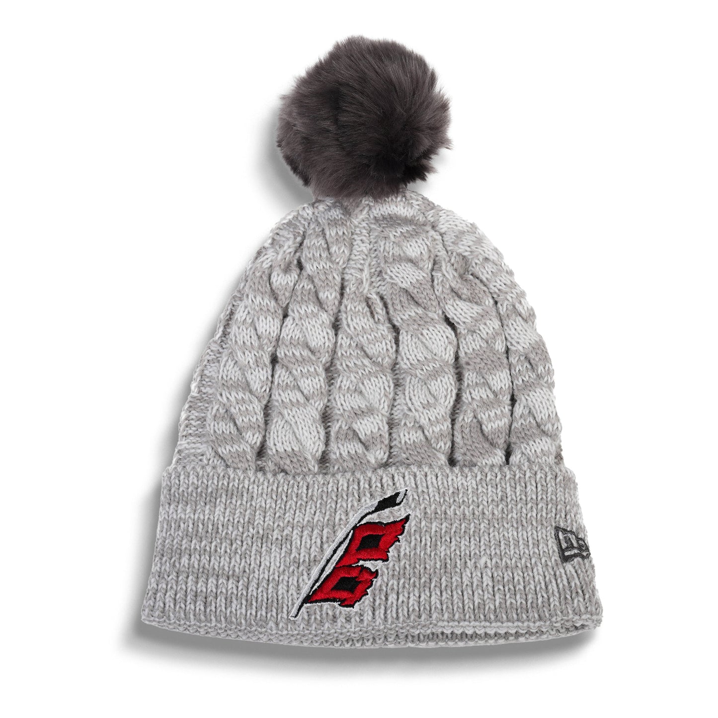 Light gray cuffed knit with dark gray pom, Flags logo on cuff, New Era logo on left