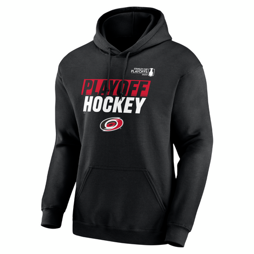Front: Black hoodie, says Playoff Hockey in red and white with primary logo across chest