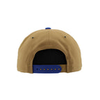 Back: Brown hat, blue crown, blue and brown snapback straps