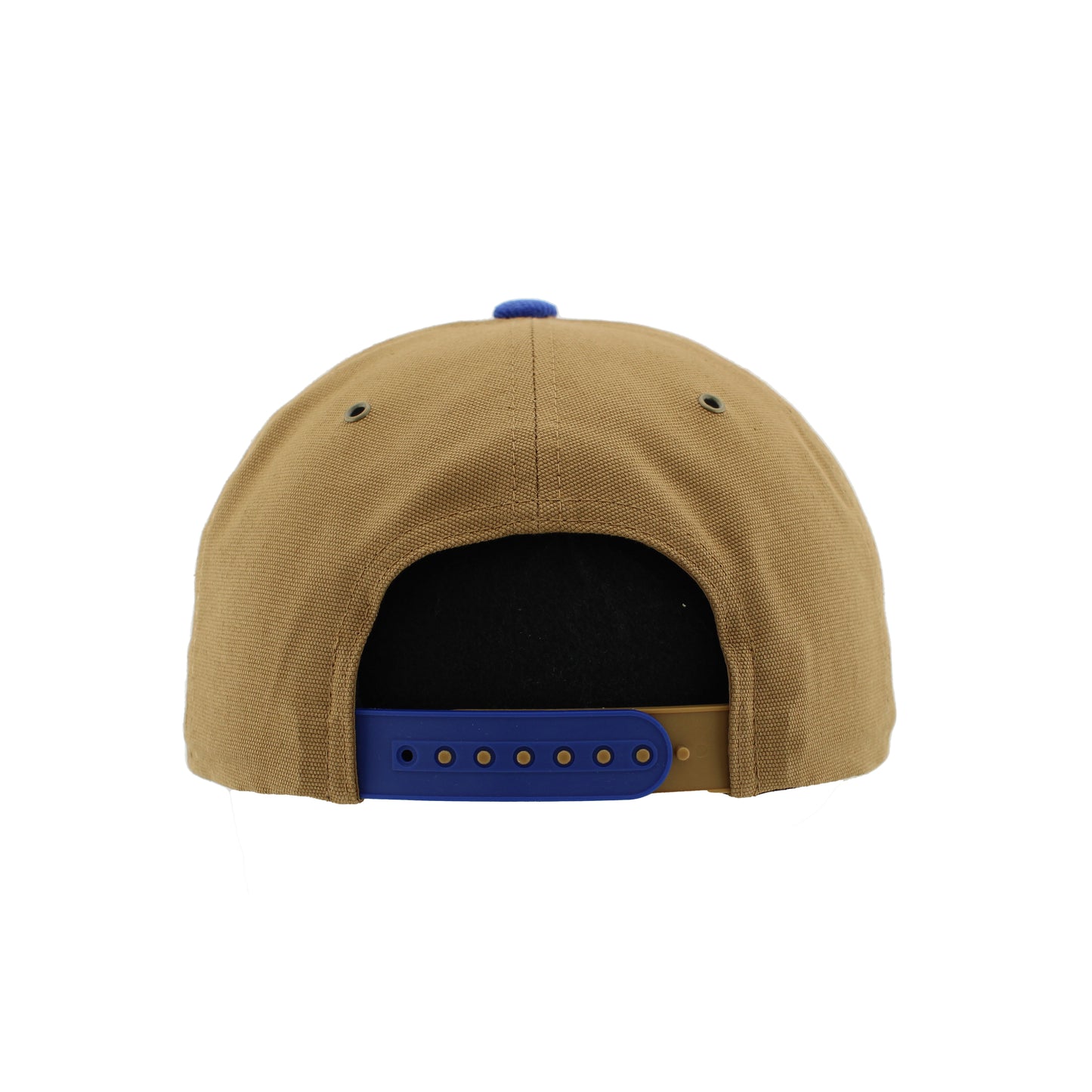 Back: Brown hat, blue crown, blue and brown snapback straps
