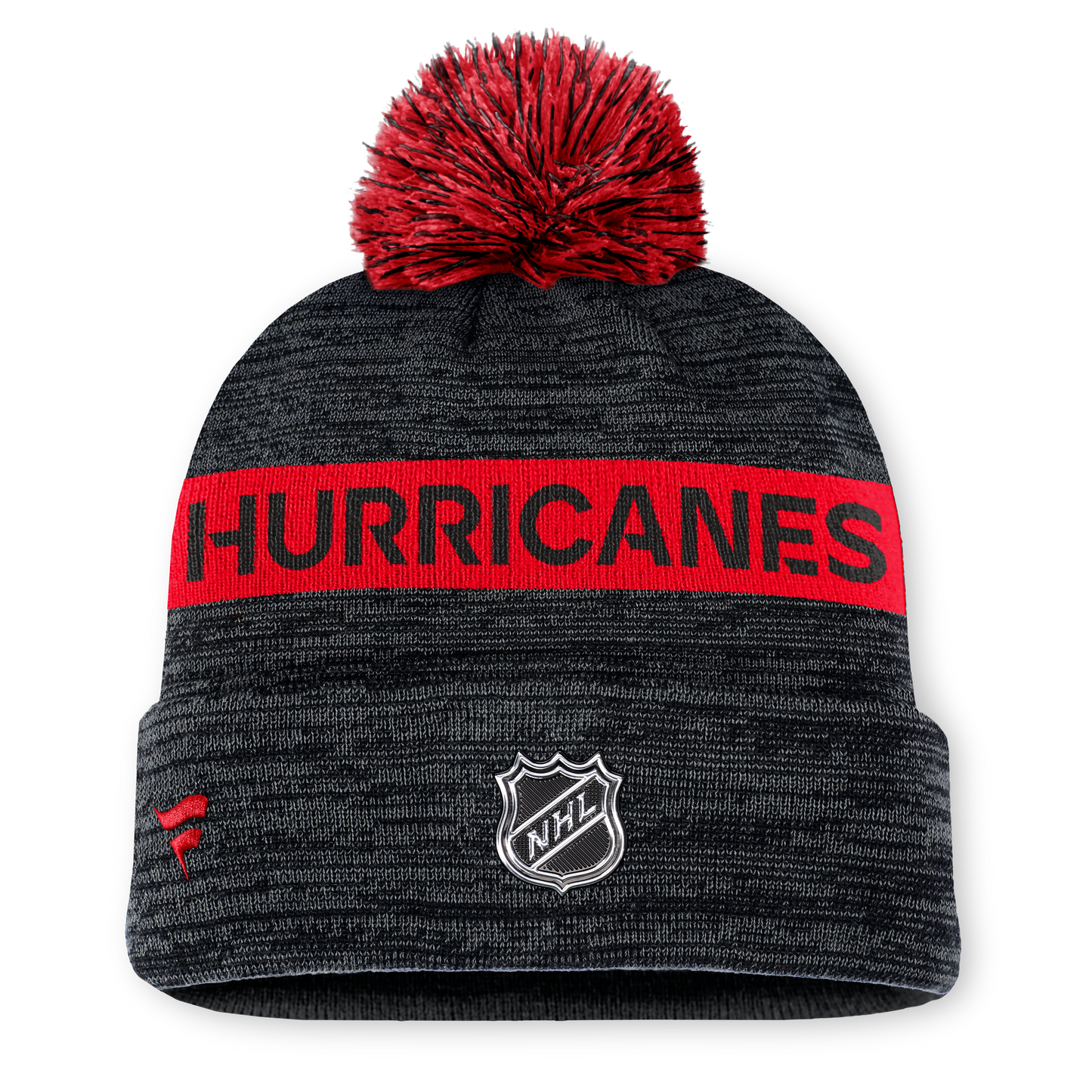 Back: Black cuffed beanie with red pom, NHL shield on cuff, "HURRICANES" on back in red and black