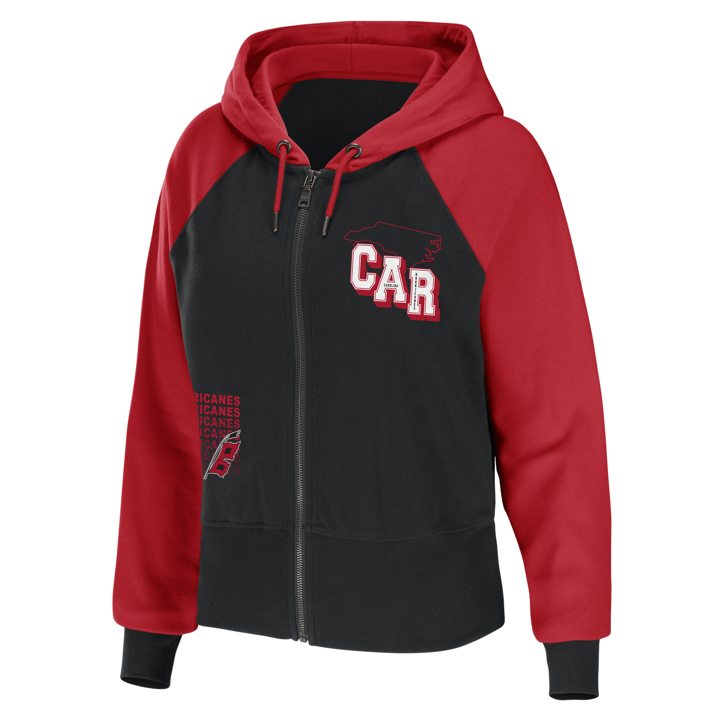 Front: Black and red full zip hoodie with graphics at left chest and right ribs