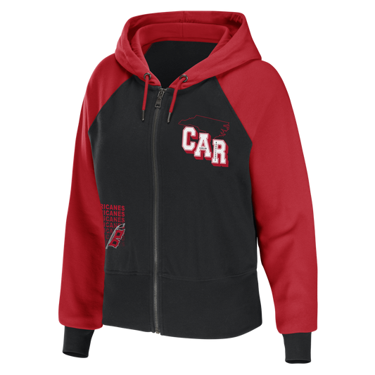 Front: Black and red full zip hoodie with graphics at left chest and right ribs