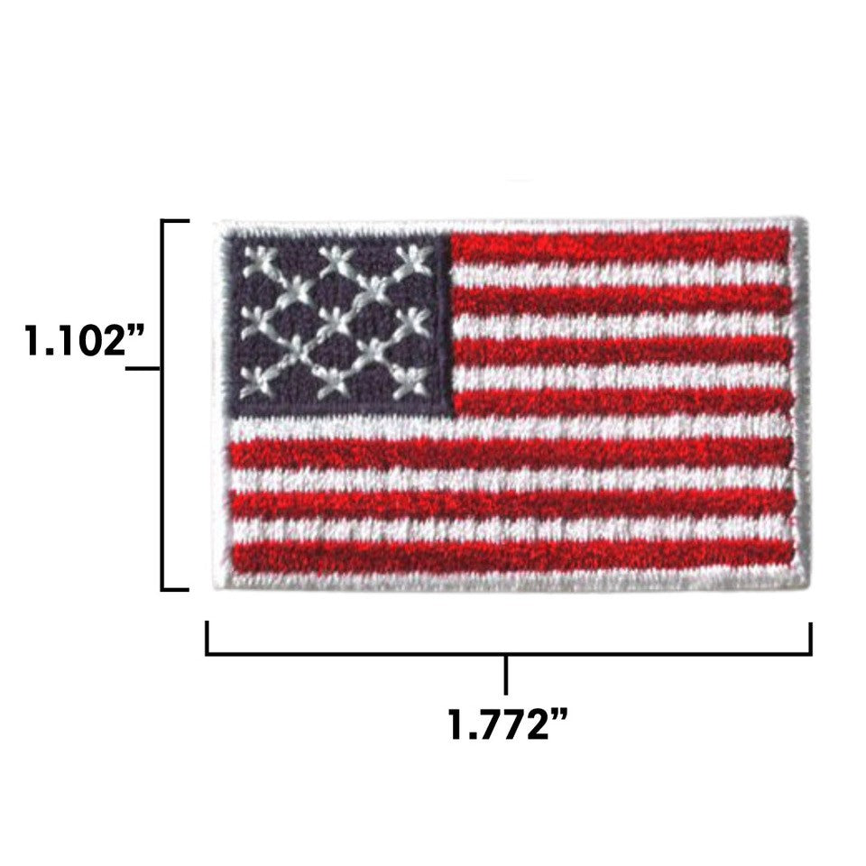 velcro patch of the US National Flag with measurements for size (1.102" by 1.772")