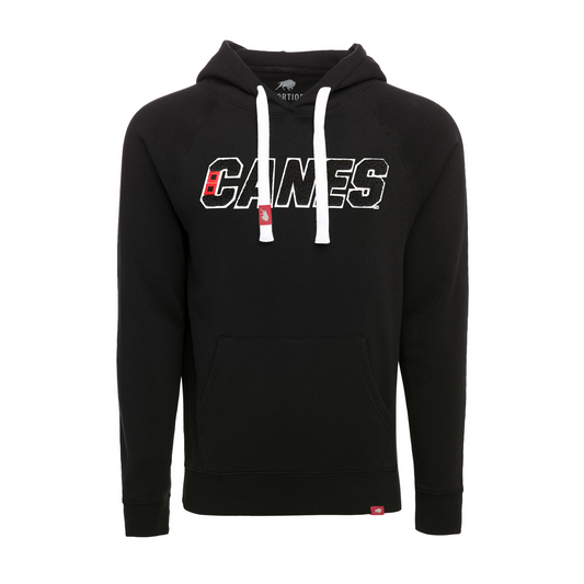 Black hoodie with white strings, raised CANES wordmark graphic across chest