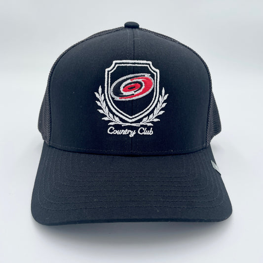 Black hat with Hurricanes primary logo in shield with laurels, says Country Club in white