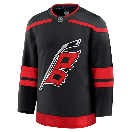 Front: black jersey with dark gray shoulders and red trim, Flags logo on front