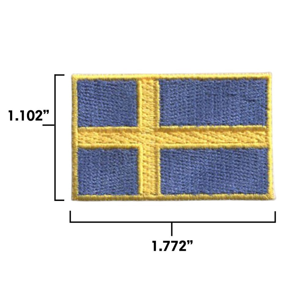 velcro patch of the Swedish National Flag with measurements for size (1.102" by 1.772")