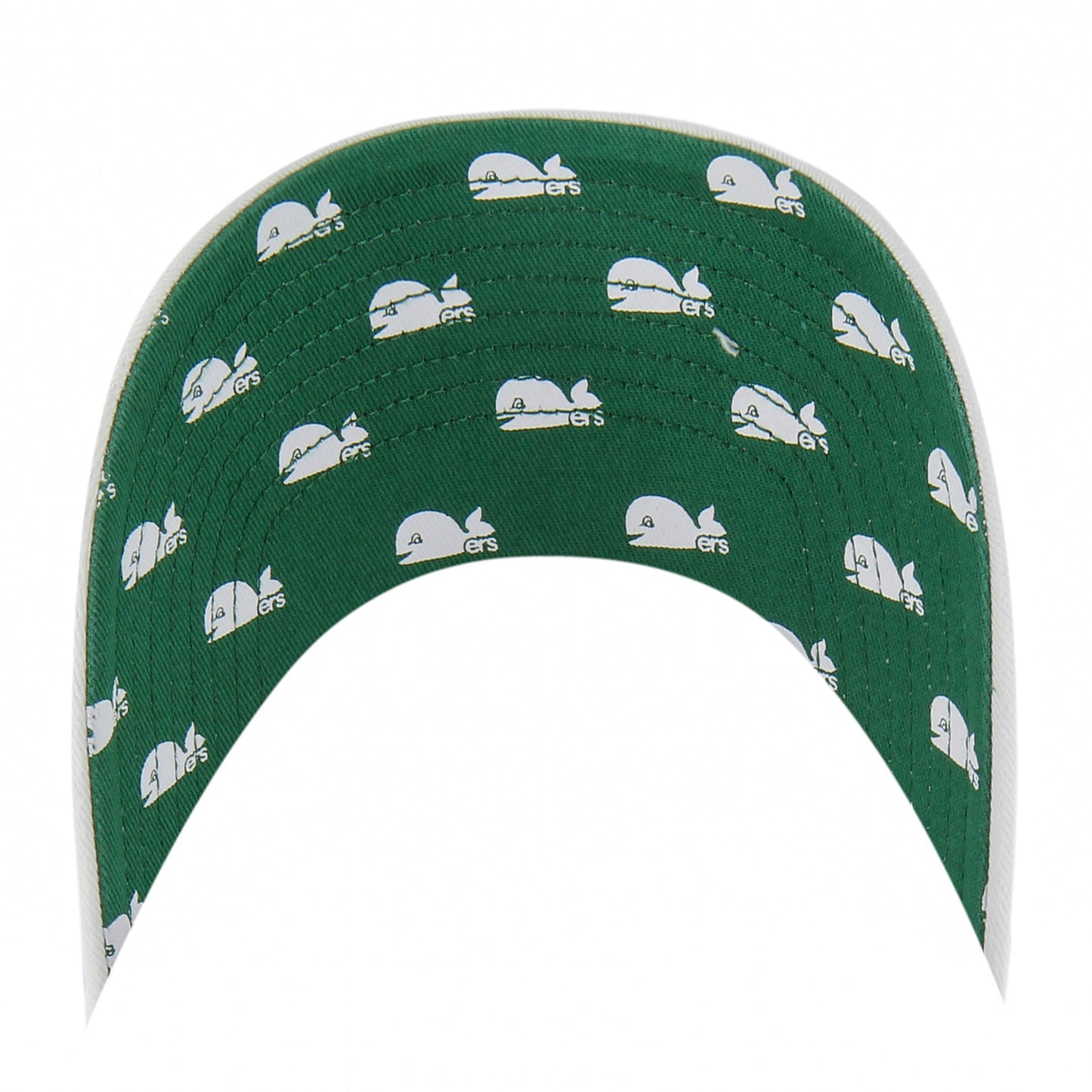 Brim: green underbrim with scattered white Pucky Whalers logos