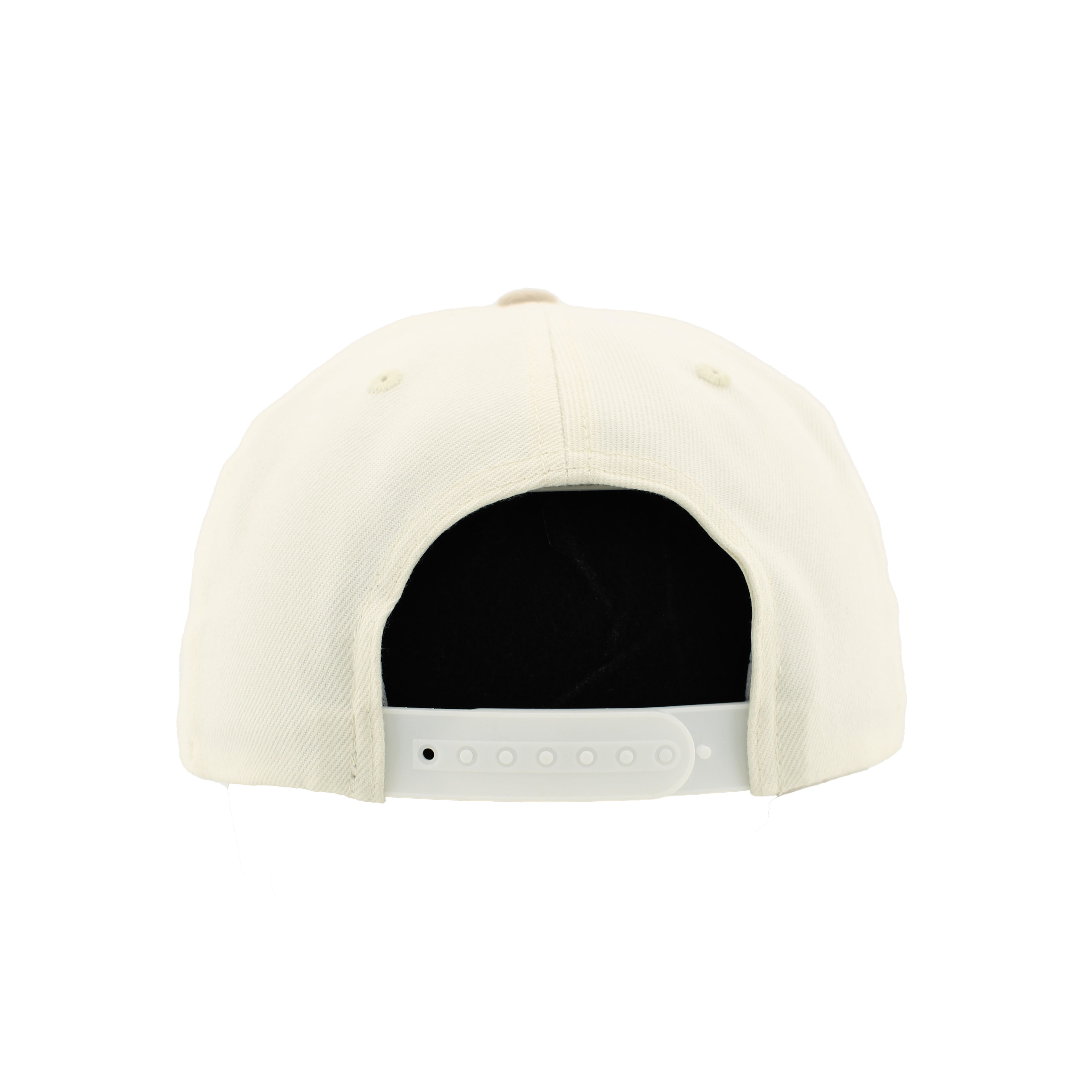 Back: Cream hat with white snapback straps